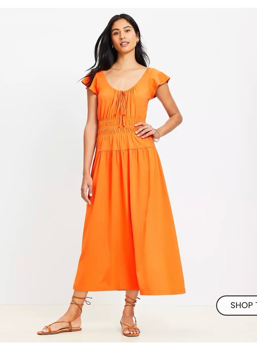 LOFT NWT Orange Tie-Front Smocked Midi Dress